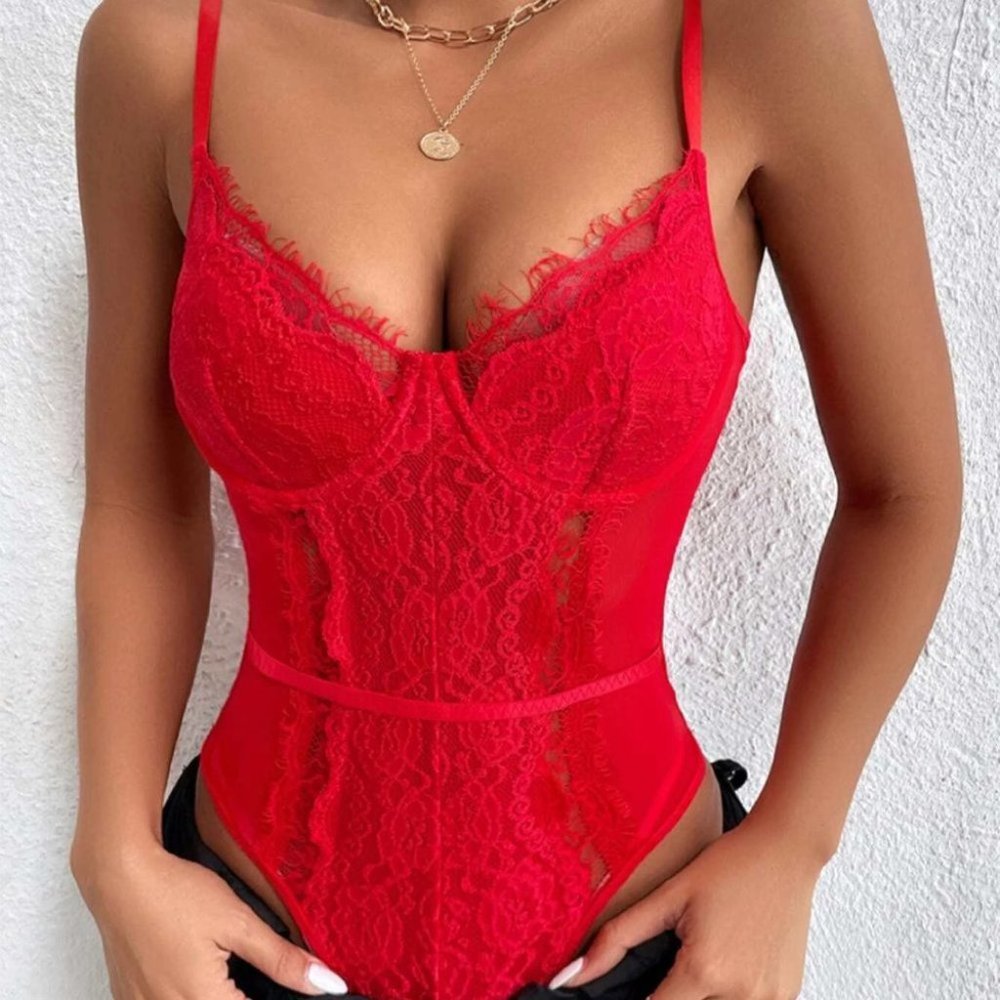 RED LACE BODYSUIT CHIC CLASSY SEXY - Picture 3 of 6